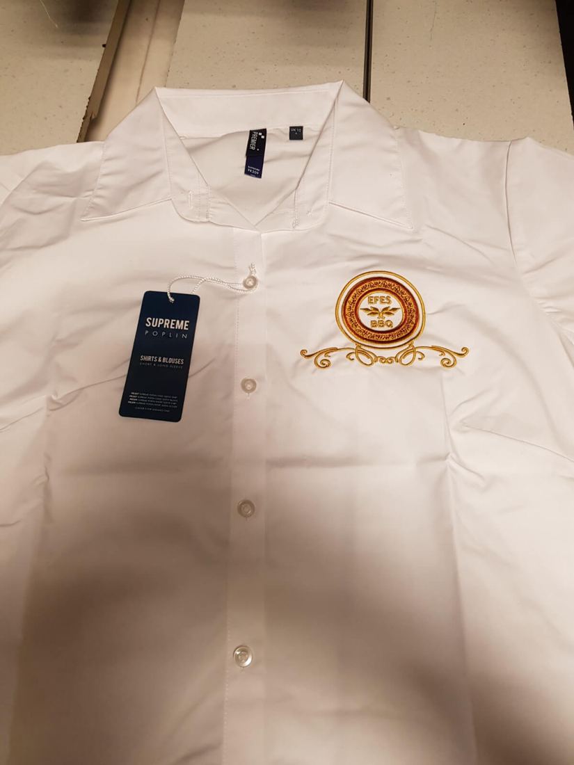 Embroidered logo on a work shirt by Funtastic Uniform