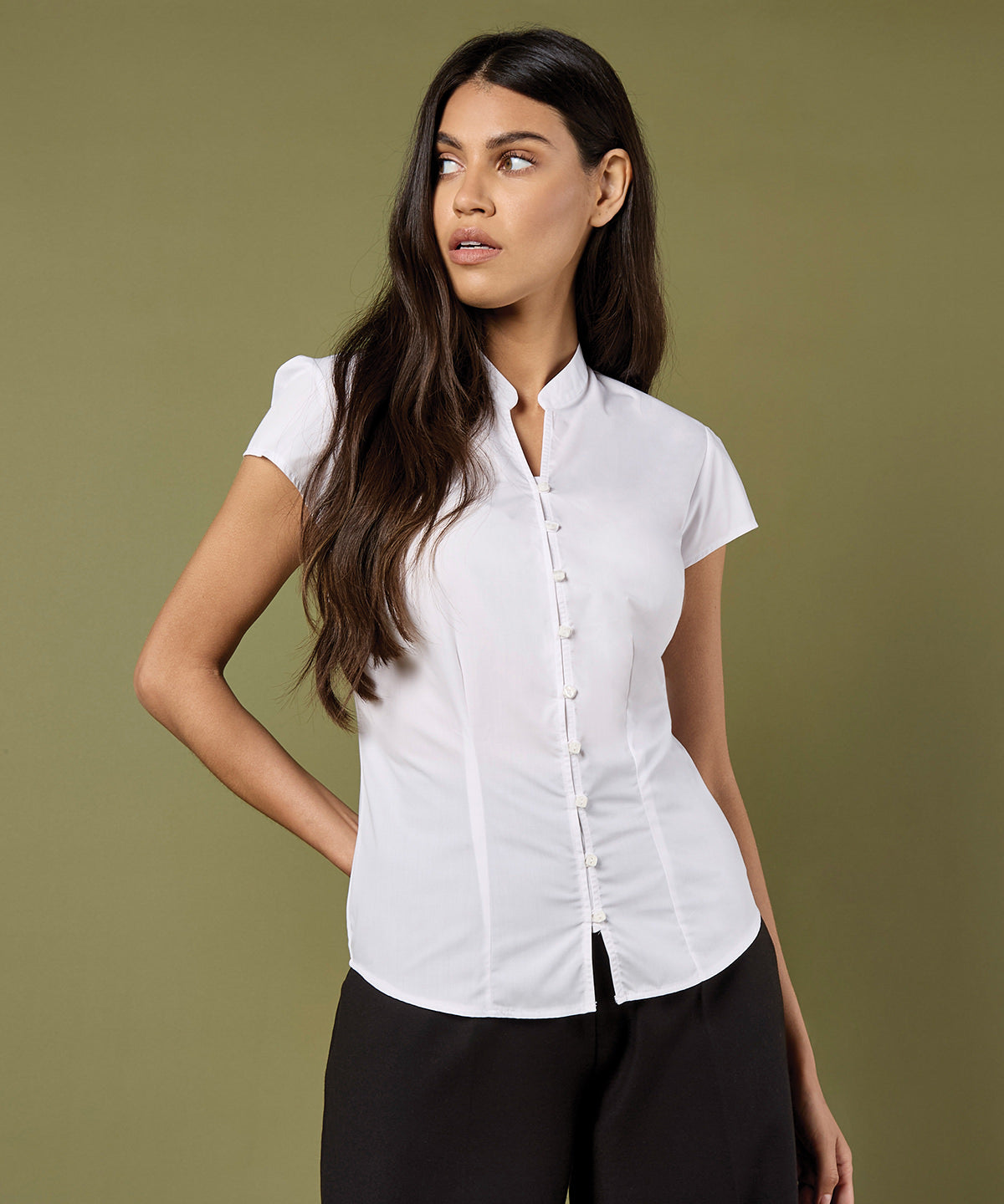Kustom Kit Women's Continental Blouse Mandarin Collar Cap Sleeve (tailored Fit) Garment